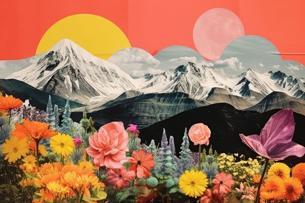 Collage Retro dreamy mountain with sprong flowers art landscape outdoors.