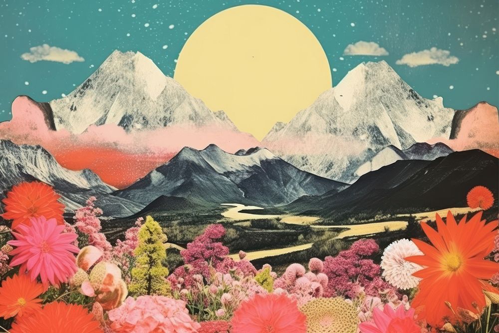 Collage Retro dreamy mountain with sprong flowers art landscape outdoors.