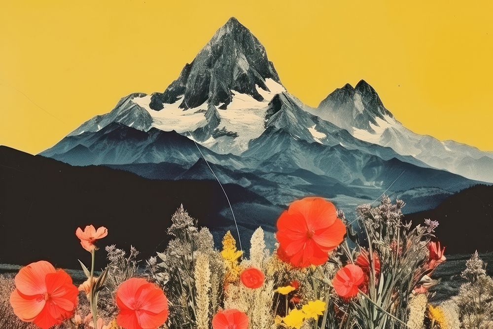 Collage Retro dreamy mountain with sprong flowers landscape outdoors nature.