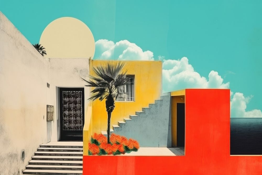 Collage Retro dreamy architecture art staircase building.