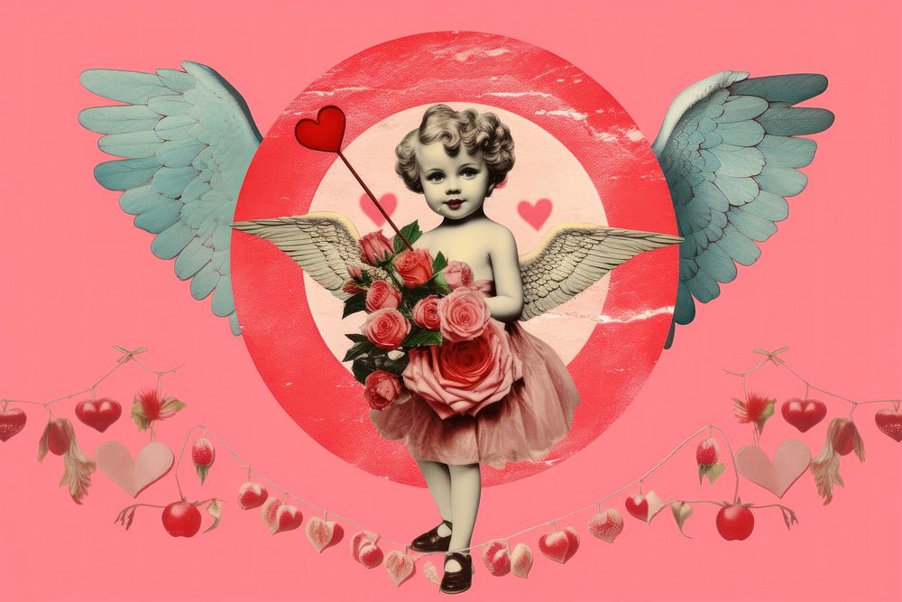 Collage Retro dreamy cupid flower angel heart.