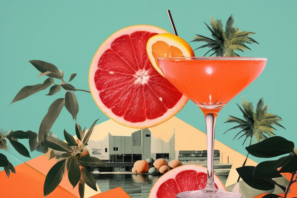 Collage Retro dreamy cocktail grapefruit drink plant.