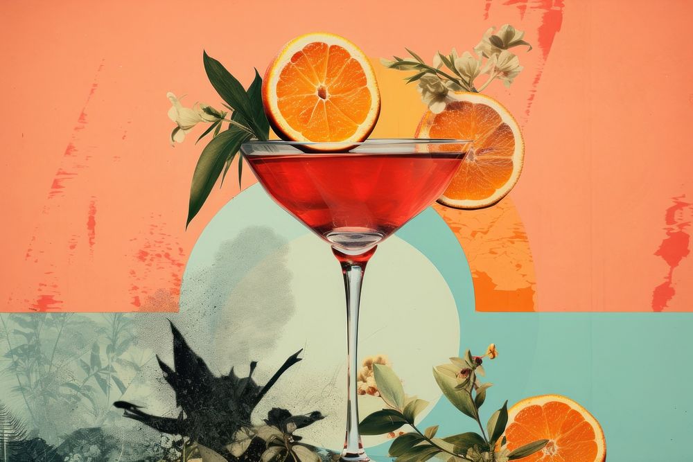 Collage Retro dreamy cocktail grapefruit martini drink.