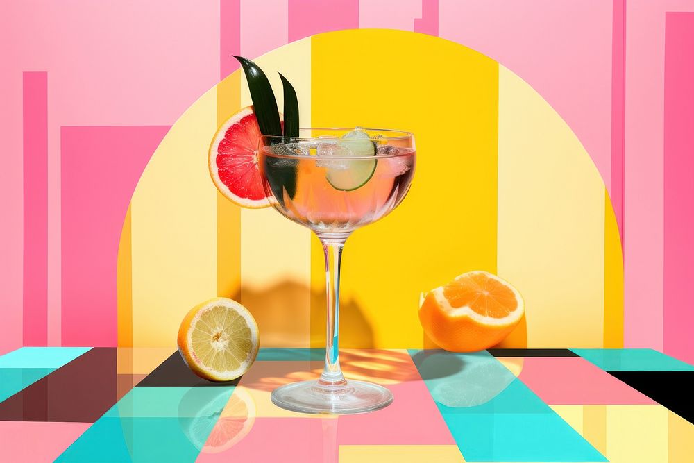Collage Retro dreamy cocktail grapefruit drink glass.