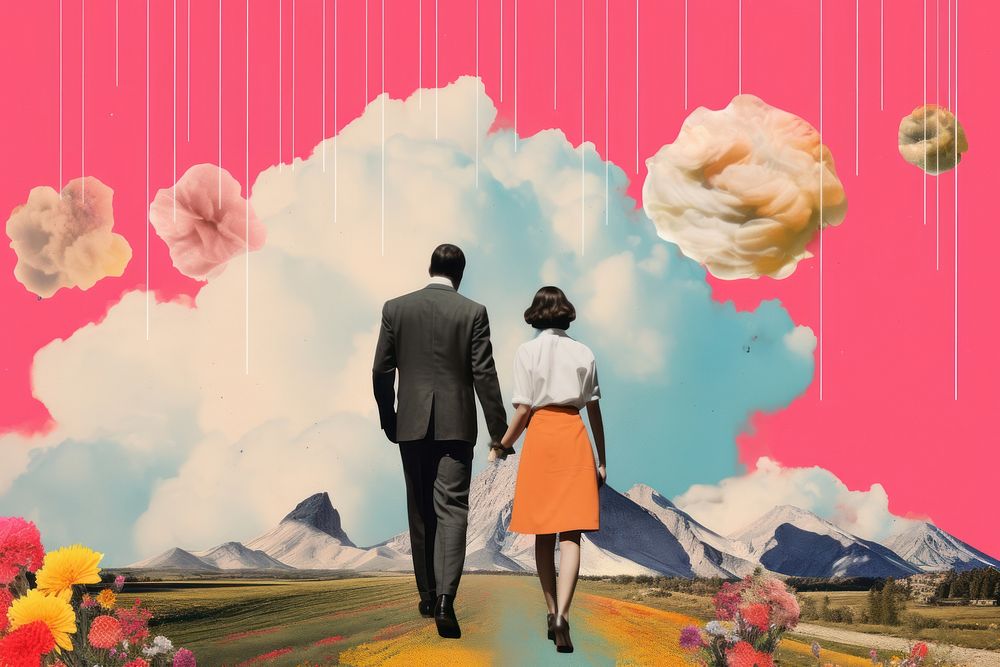 Collage Retro dreamy couple travel outdoors walking flower.