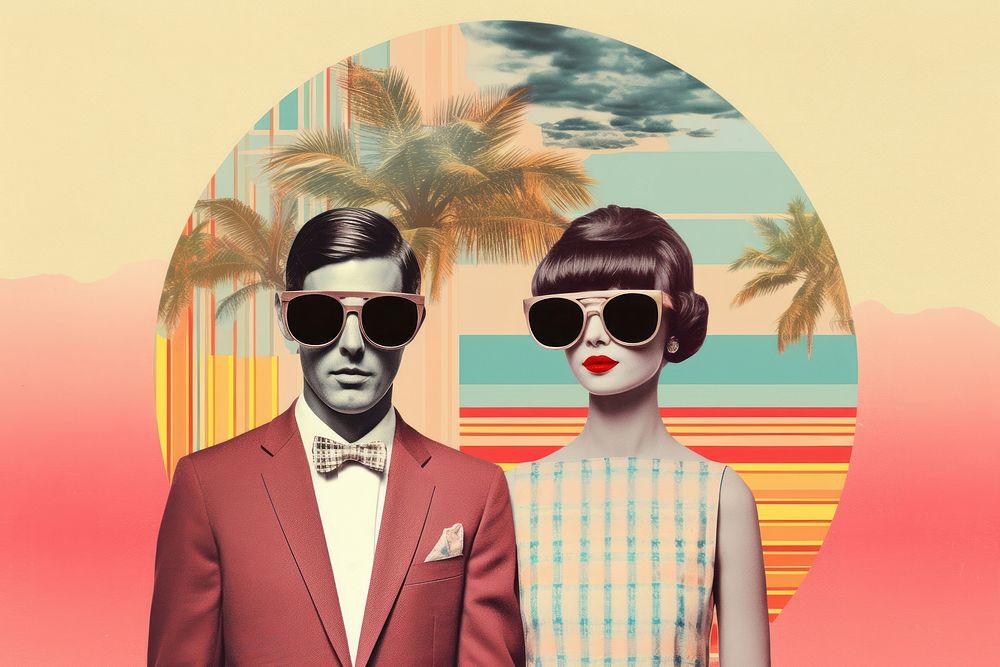 Collage Retro dreamy couple travel sunglasses portrait adult.