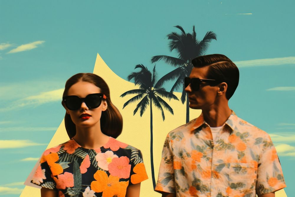 Collage Retro dreamy couple travel sunglasses portrait outdoors.