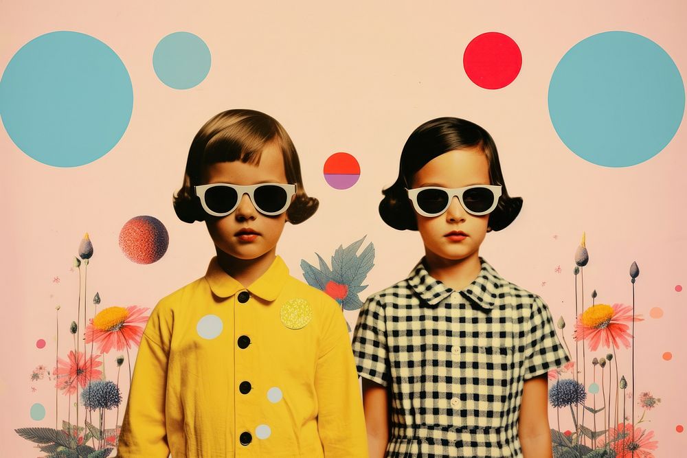 Collage Retro dreamy diverse kids sunglasses portrait cute.