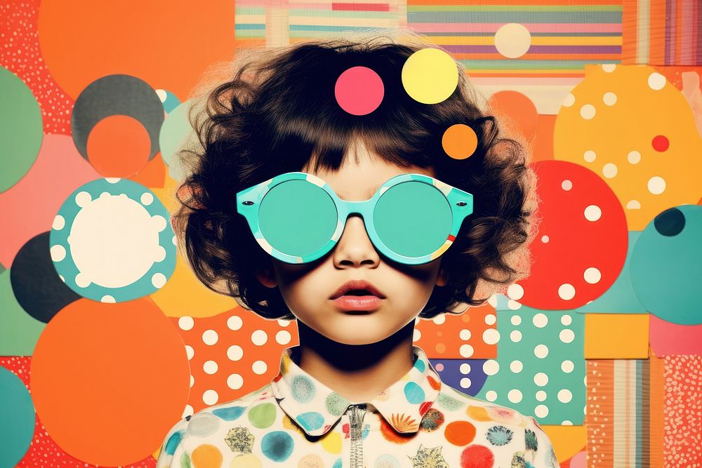 Collage Retro dreamy diverse kids sunglasses portrait baby.