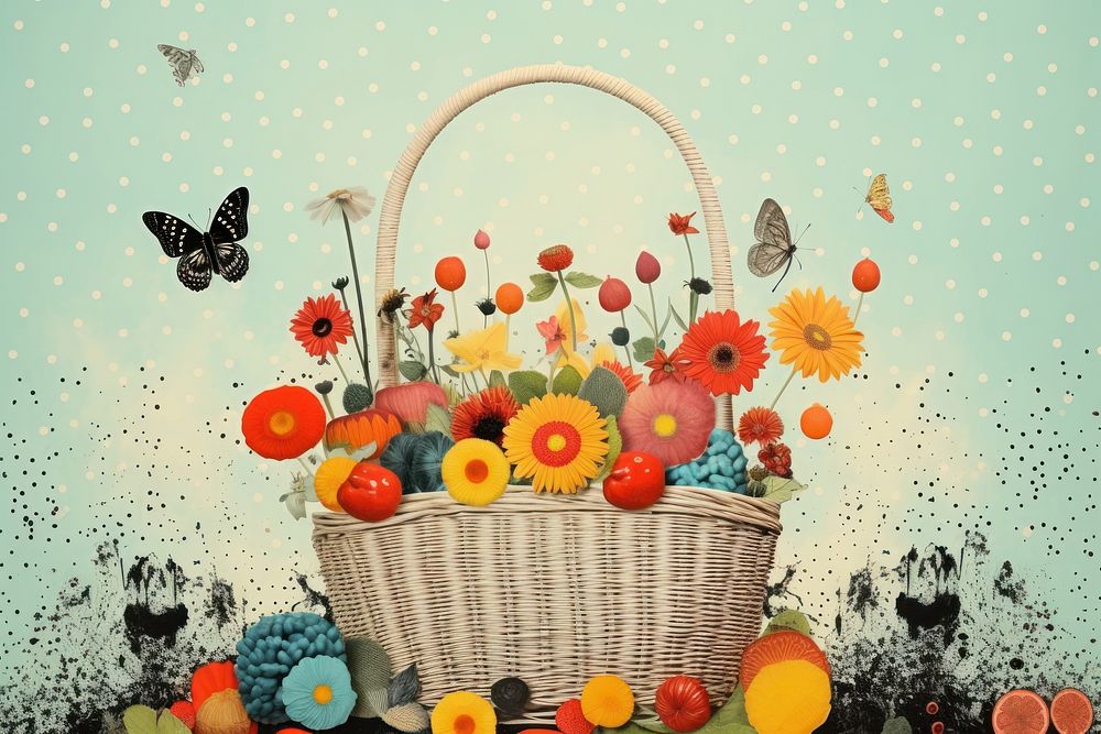 Collage Retro dreamy easter basket flower plant fun.