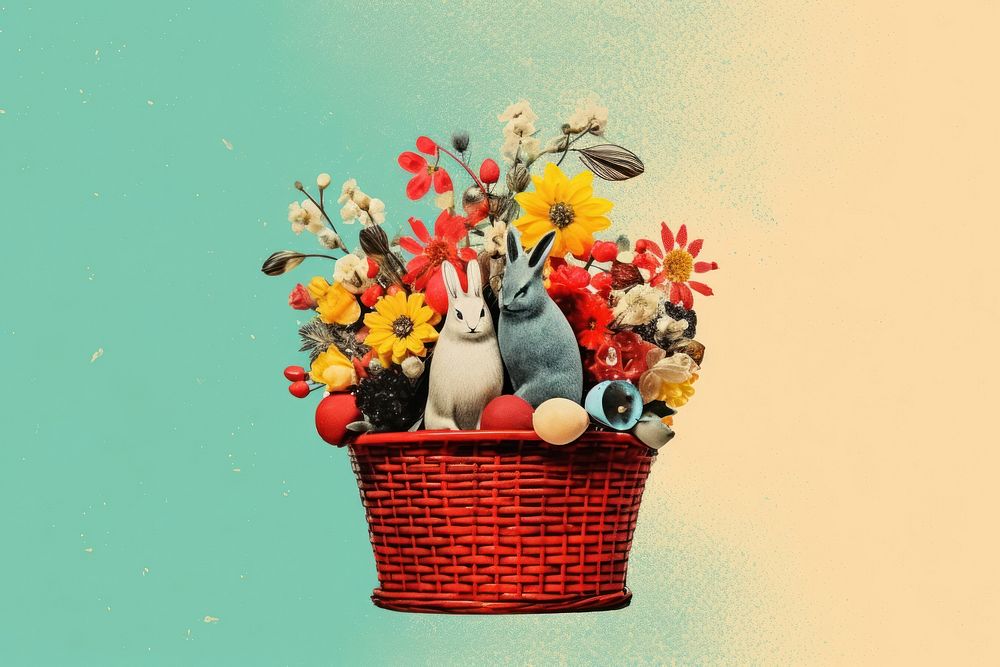 Collage Retro dreamy easter basket art cartoon flower.