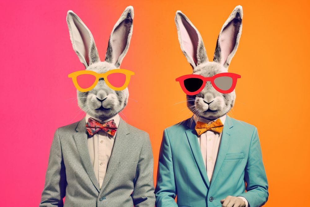 Collage Retro dreamy easter bunnies portrait glasses animal.