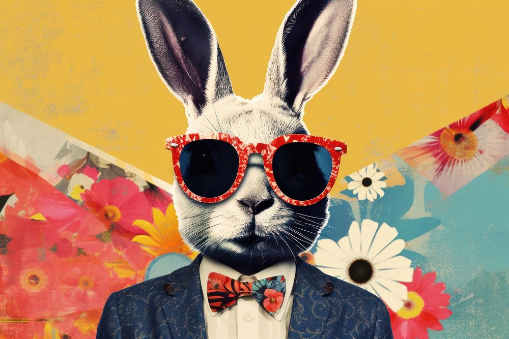 Collage Retro dreamy easter bunny art sunglasses portrait.