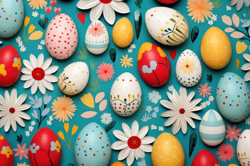 Collage Retro dreamy easter eggs and flowers pattern arrangement backgrounds celebration.