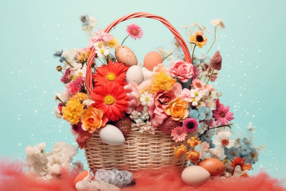 Collage Retro dreamy easter eggs basket flower plant.