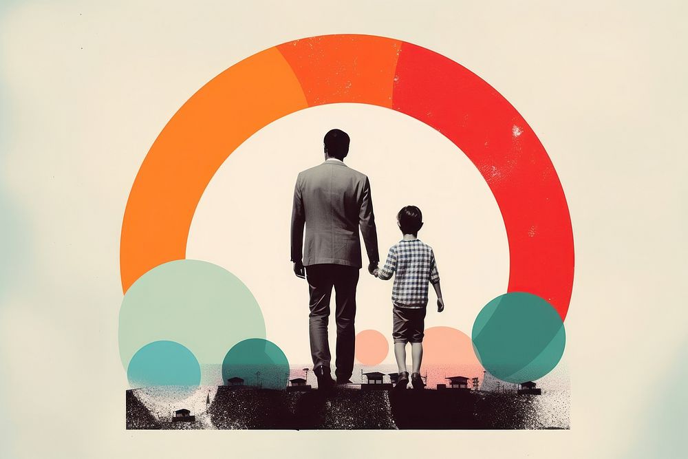 Collage Retro dreamy father and kid adult togetherness silhouette.
