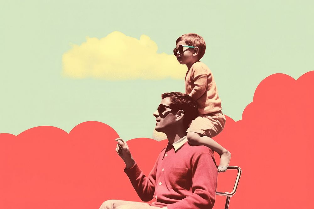 Collage Retro dreamy father and kid togetherness sunglasses happiness.
