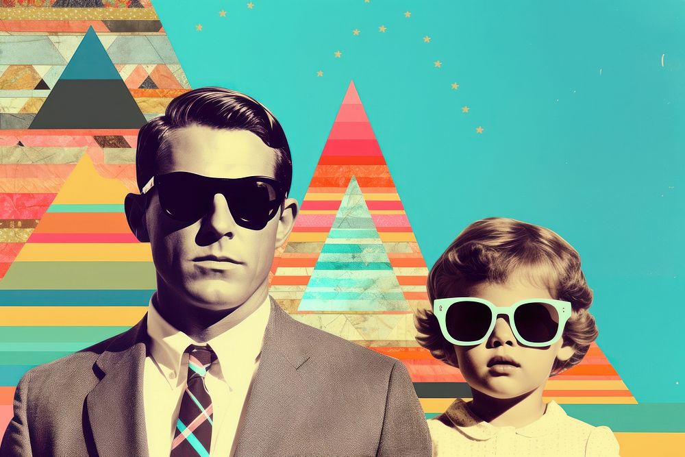 Collage Retro dreamy father and kid sunglasses portrait adult.