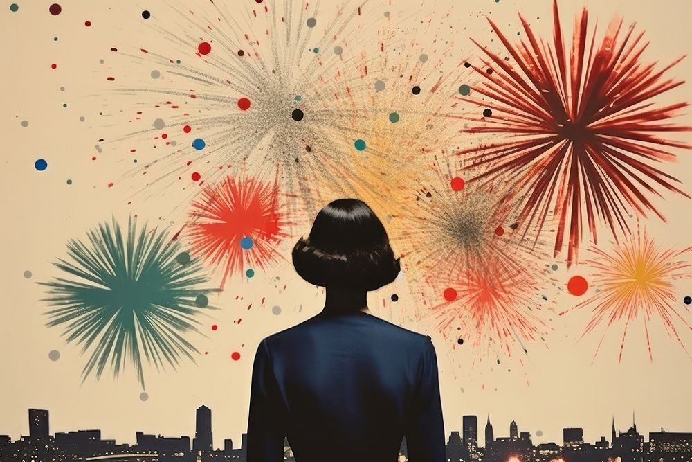 Collage Retro dreamy fireworks silhouette adult art.