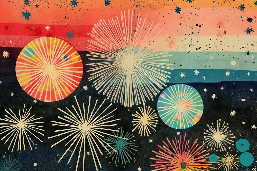 Collage Retro dreamy fireworks pattern art illuminated.