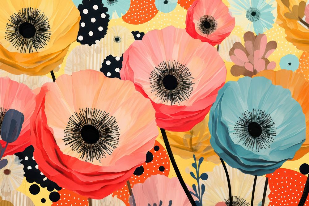 Collage Retro dreamy flower pattern art poppy plant.