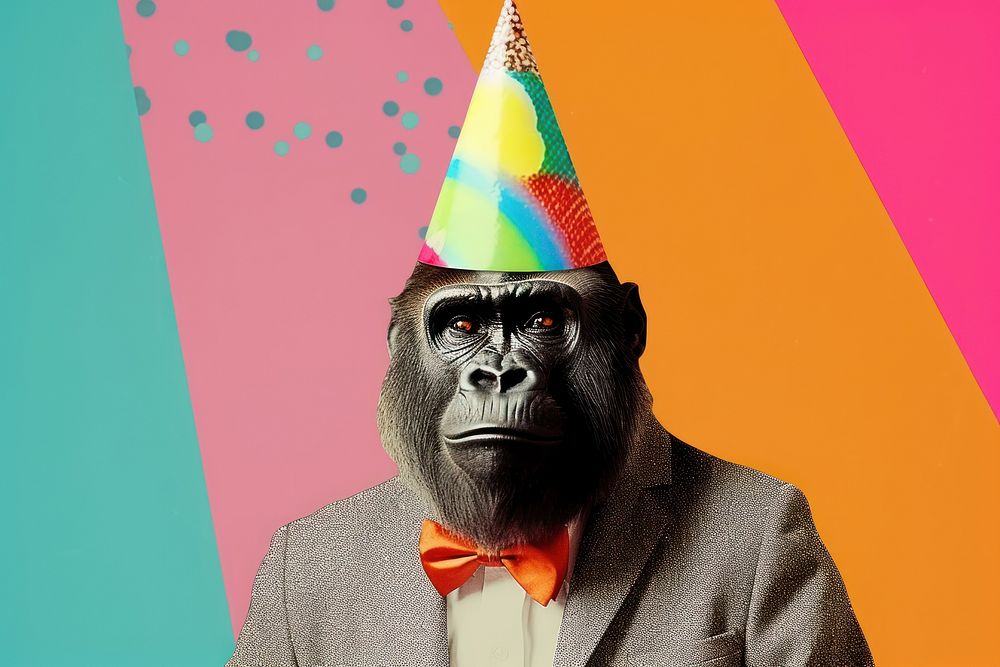 Collage Retro dreamy gorilla wear party hat ape wildlife animal.