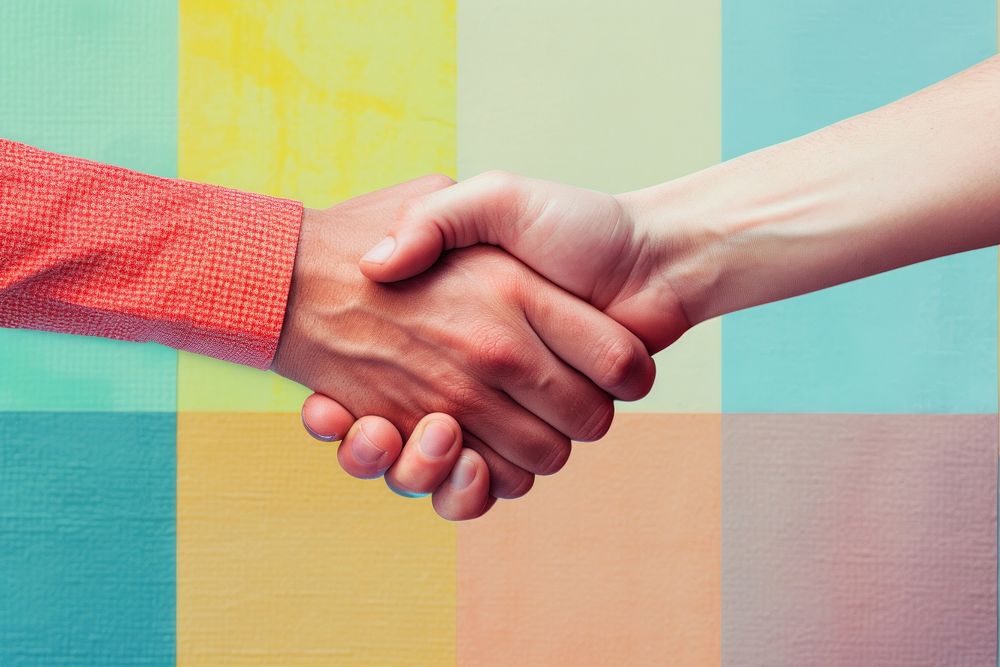 Collage Retro dreamy handshake togetherness backgrounds agreement.