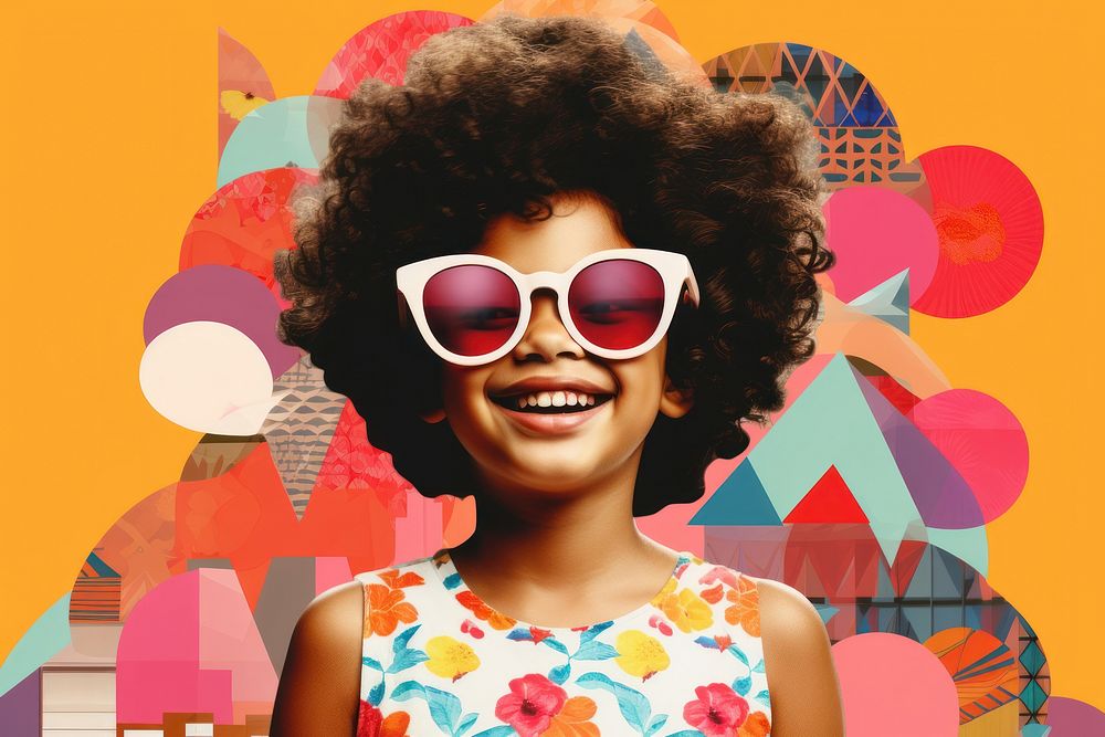 Collage Retro dreamy happy diverse kid sunglasses portrait laughing.