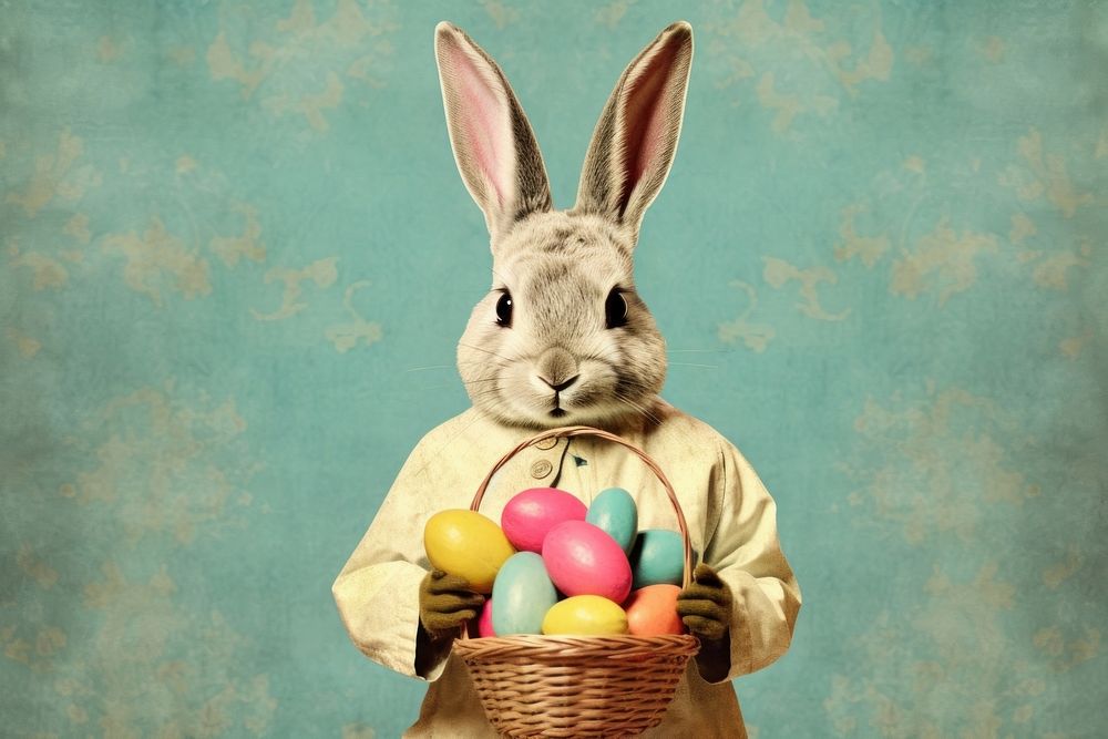 Collage Retro dreamy rabbit holding easter egg basket rodent animal mammal.