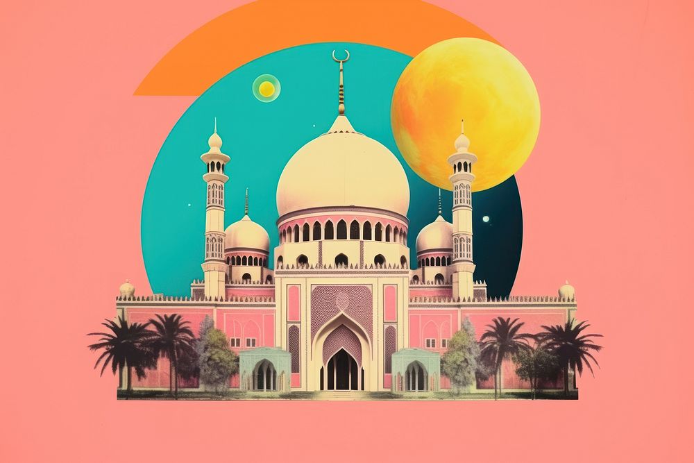 Collage Retro dreamy ramadan mosque architecture building dome.