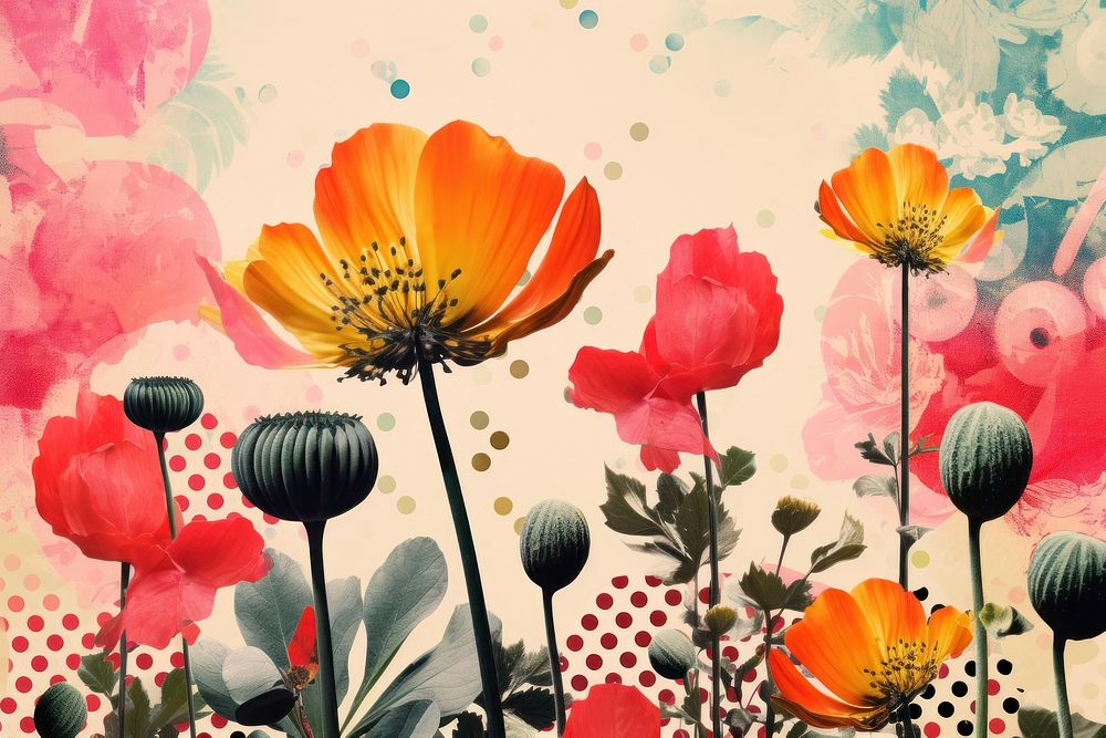 Collage Retro dreamy spring flower pattern art painting outdoors.