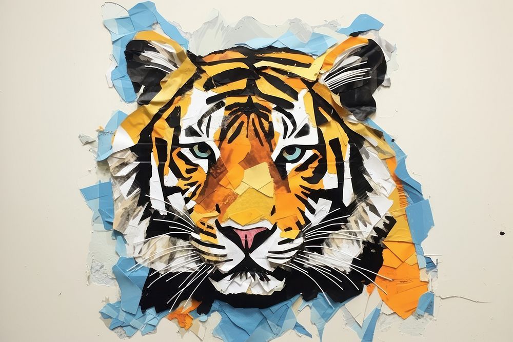 Abstract tiger ripped paper art wildlife animal.