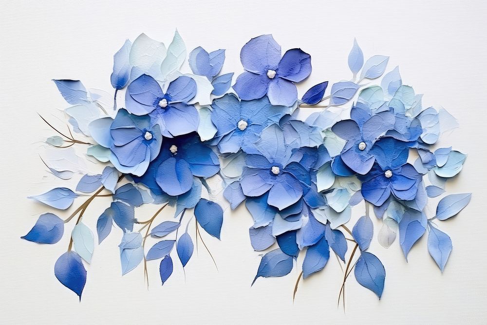 Abstract blue hydrangea bush ripped paper art pattern flower.