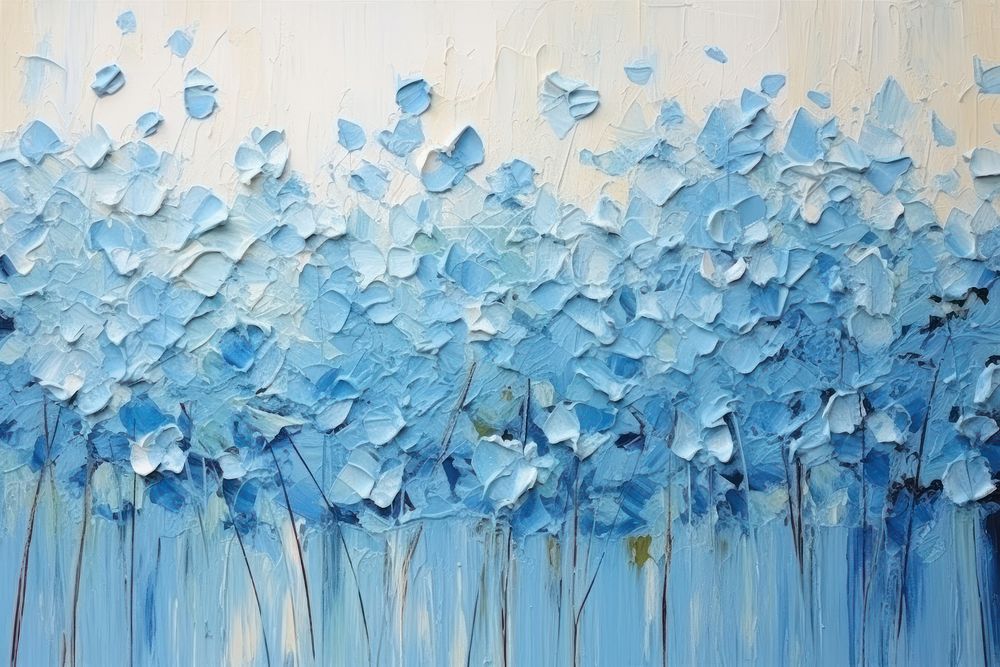 Abstract blue hydrangea field ripped paper art painting flower.