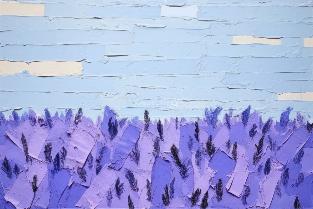 Abstract blue lavender field ripped paper art outdoors painting.