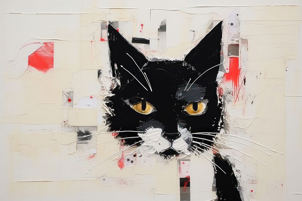 Abstract cat ripped paper art painting collage.