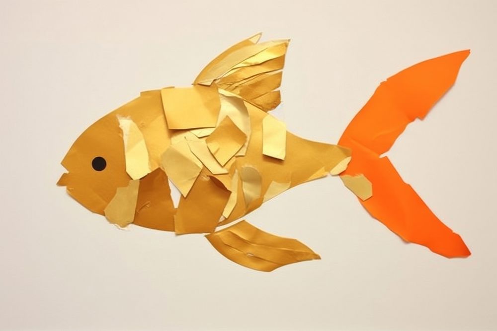 Abstract gold fish ripped paper goldfish animal art.