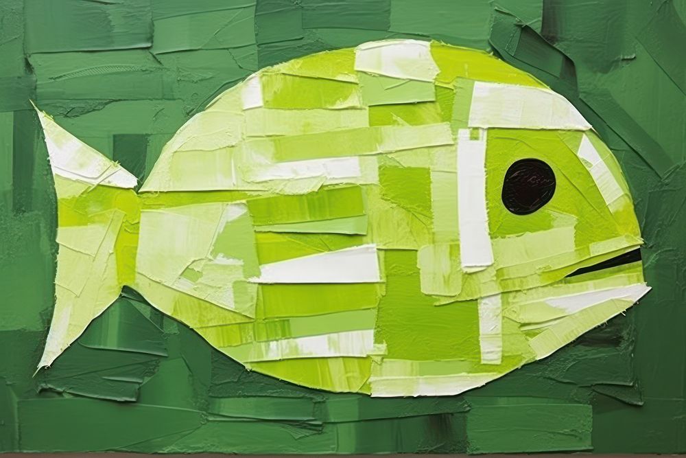 Abstract green fish ripped paper art painting creativity.