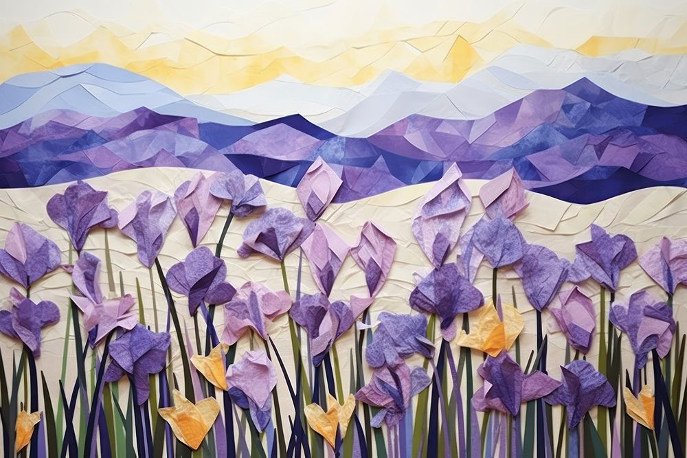 Abstract iris field ripped paper art painting flower.