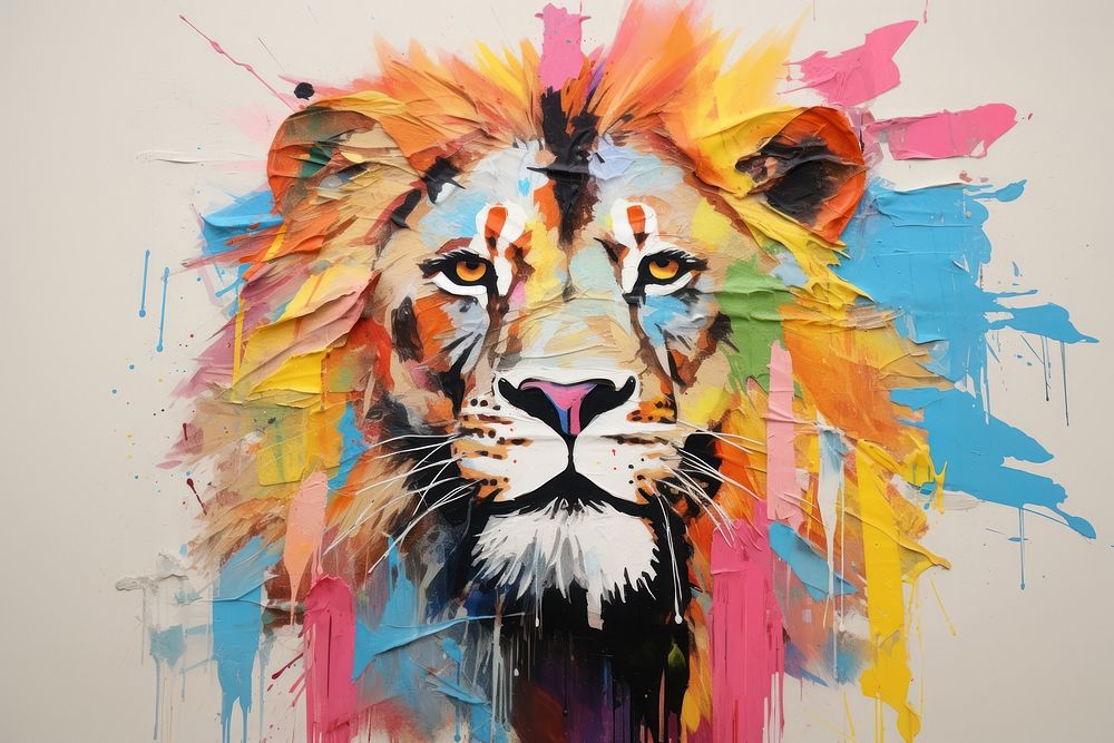 Abstract lion ripped paper art painting mammal.