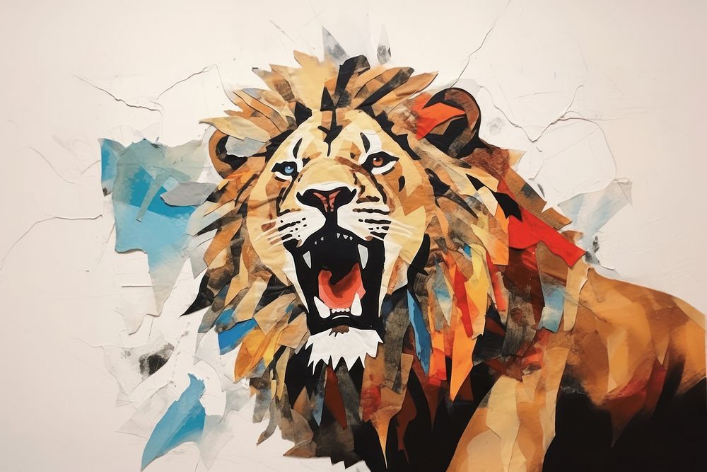 Abstract lion ripped paper art painting animal.