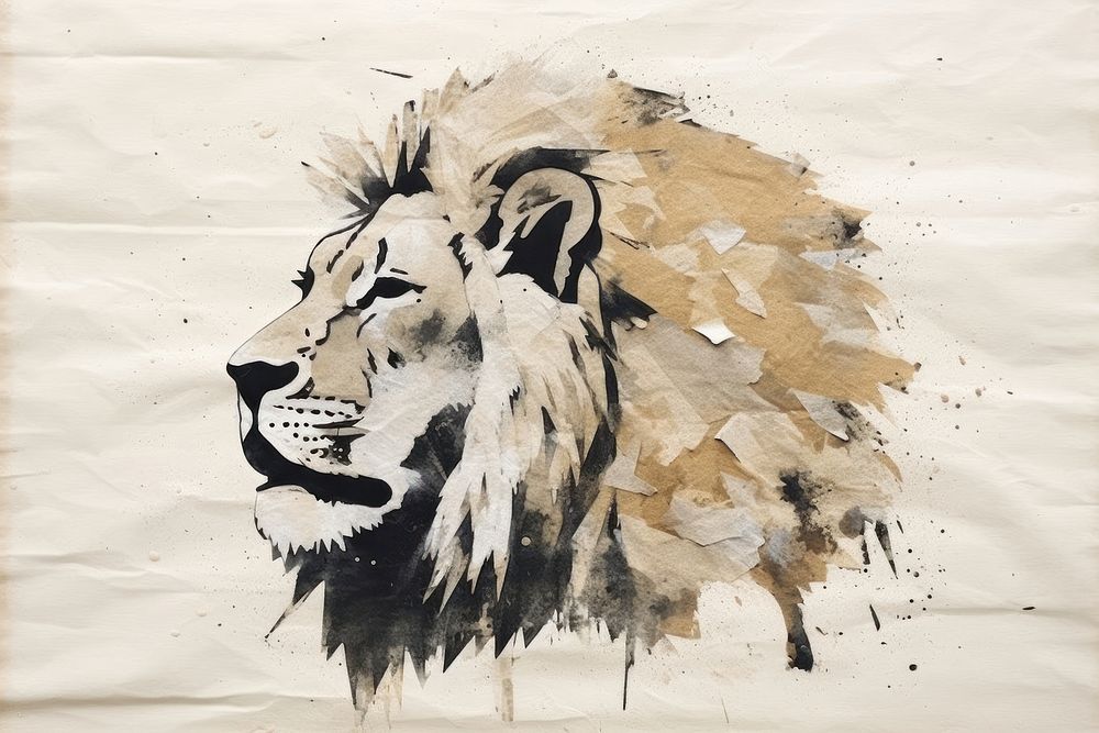 Abstract lion ripped paper art wildlife painting.