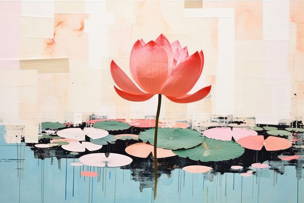 Abstract lotus lake ripped paper art painting flower.