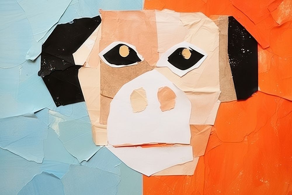 Abstract monkey ripped paper art anthropomorphic representation.