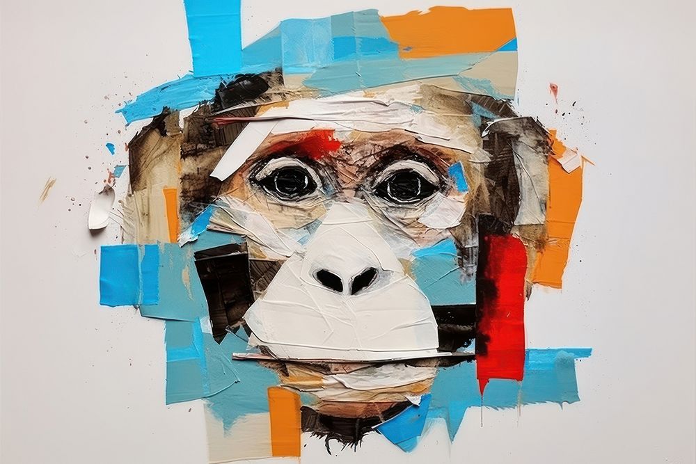 Abstract monkey ripped paper art painting collage.