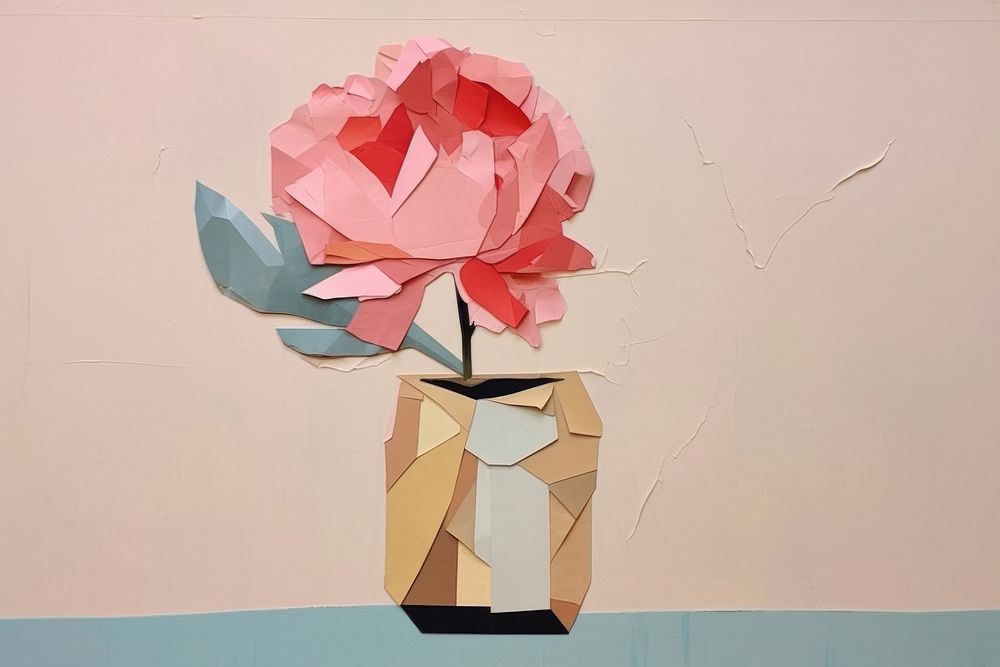 Abstract peony in vase ripped paper art painting creativity.