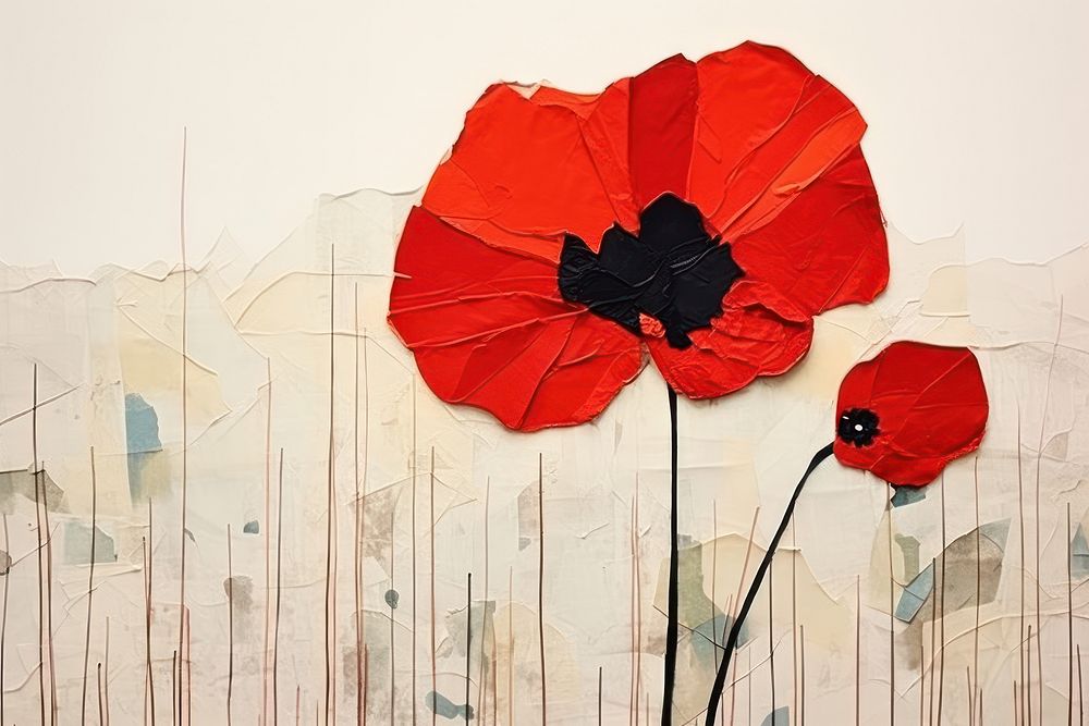 Abstract poppy ripped paper flower plant art.