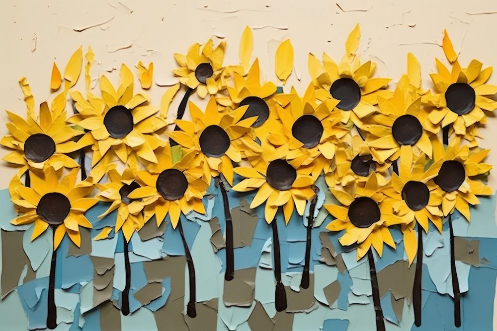 Abstract sunflower field ripped paper art plant inflorescence.