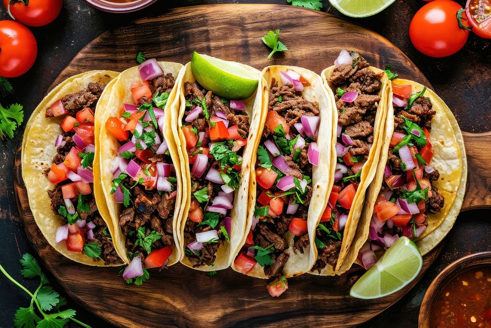 Grilled beef taco plate table food.