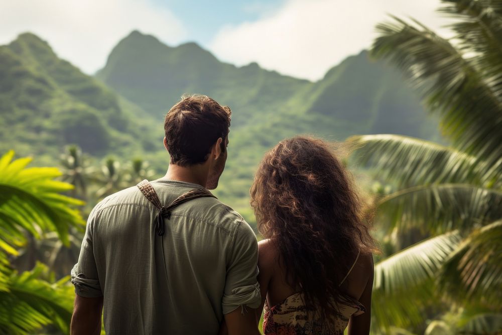 Mixed race couple travel hawaii outdoors nature forest.